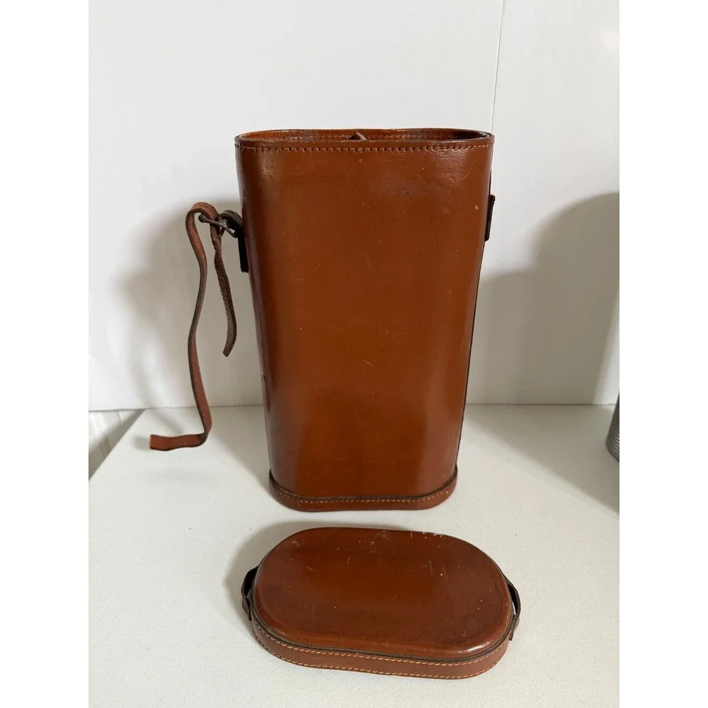 Vintage Thermos Aluminum Ribbed Flask Set Vacuum with Brown Leather Carry Case